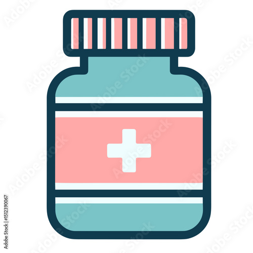 Medical pill bottle vector icon with a cross symbol on transparent background for home medicine storage concept