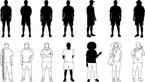 Vector silhouettes men and women, illustration. Silhouettes of young people posing in casual clothes. EPS 10 version.