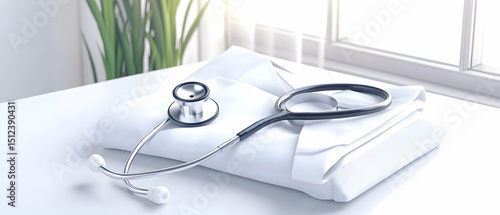 Medical Stethoscope And White Coat On Table In Clinic