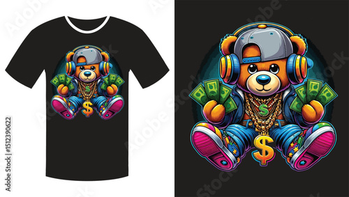 Streetwise Teddy: A Vibrant Cartoon Illustration of a Hip-Hop Bear T Shirtr