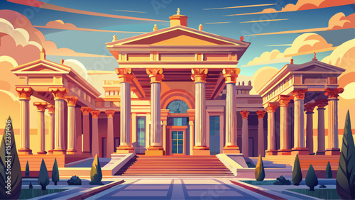 A majestic architectural masterpiece with grand columns, detailed facades, and elegant arches. The structure stands tall under sunlight, showcasing historic charm, symmetry, and timeless design in urb