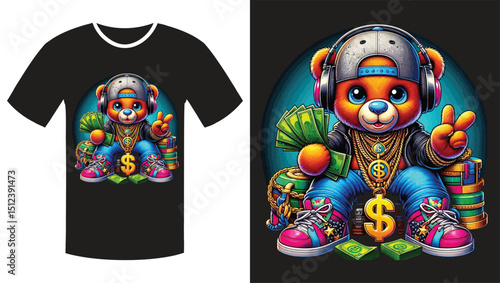 Streetwise Teddy: A Vibrant Cartoon Illustration of a Hip-Hop Bear T Shirtr