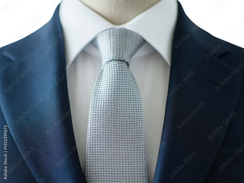 Classic Blue Suit and Tie: A close-up shot of a man's navy blue suit jacket with a crisp white shirt and a light blue patterned tie. The focus is on the texture and elegant simplicity of the attire. Classic Blue Suit and Tie: A close-up shot of a man's navy blue suit jacket with a crisp white shirt and a light blue patterned tie. The focus is on the texture and elegant simplicity of the attire.