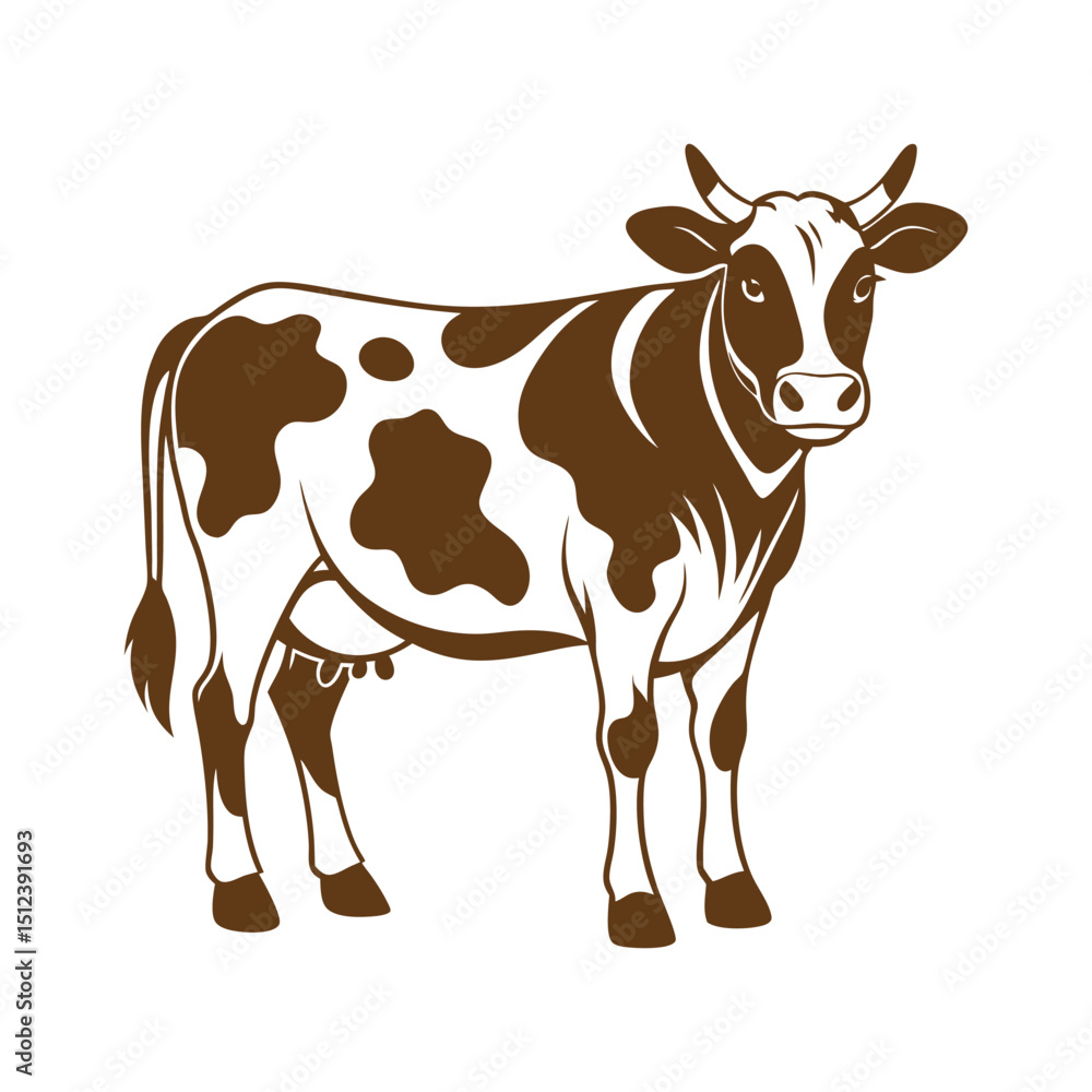 Fototapeta premium Standing cow illustration in brown and white coat. Ideal for farm branding, dairy product packaging, livestock promotions, and country-themed graphic art designs.