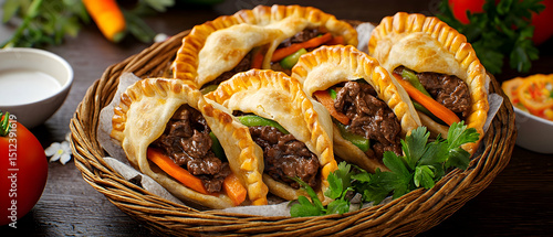 Close Up Of Savory Beef And Vegetable Pastries In Basket