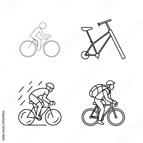 Simple black and white bicycle illustrations showing various styles of cycling activities and sports