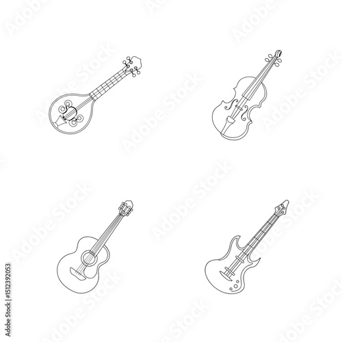 Outlined musical instruments featuring mandolin violin acoustic guitar and bass guitar illustrations