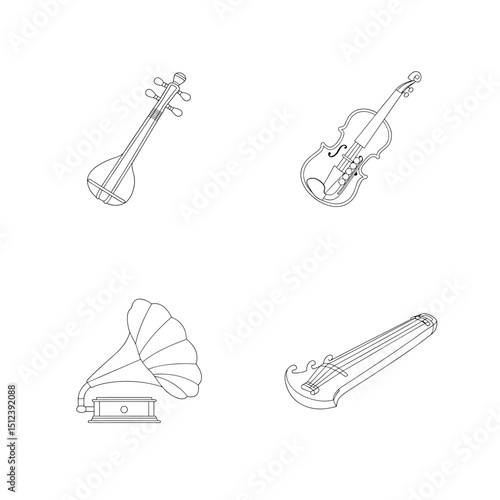 Outlined illustrations of musical instruments including a gramophone violin and other stringed instruments