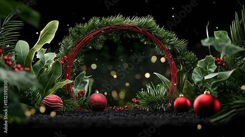 Elegant Christmas Wreath Display With Red Ornaments And Green Plants