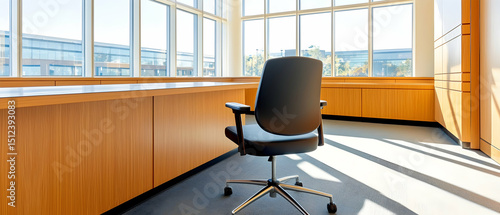 Empty Modern Office Space With Wooden Desk And Black Chair Under Daylight