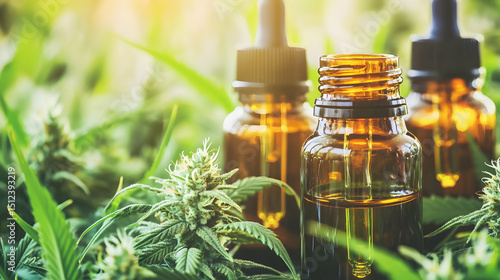 Amber Glass Bottles Of Cannabis Oil Amongst Lush Green Plants