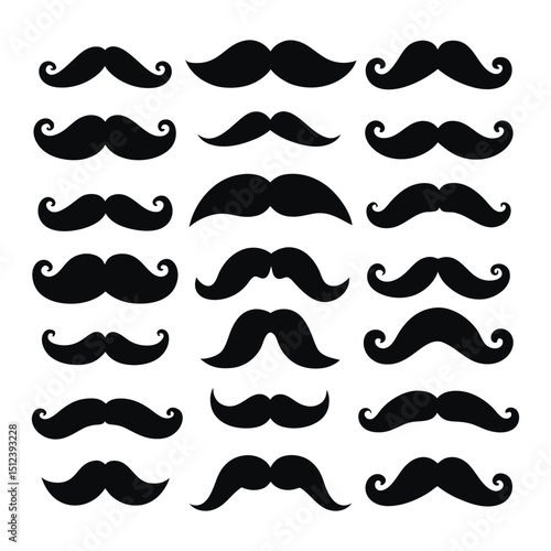 Silhouette set of mustaches in various retro styles for barbershop vector art, facial hair design, male grooming concept, and gentleman clipart pack