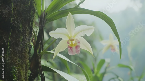 Pale Yellow Orchid Blossom Closeup In Jungle