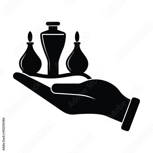 Silhouette of a cupping therapy set with glass cups and a hand holding one on white background