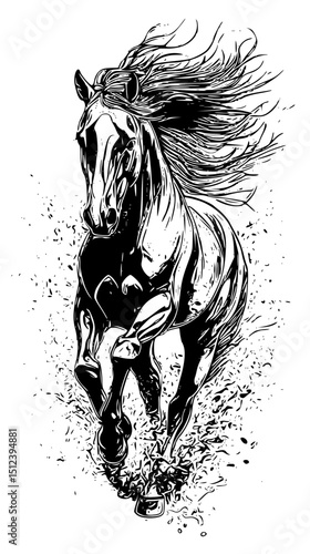 Vector art of Running horse isolated on white background in black and white vector illustration