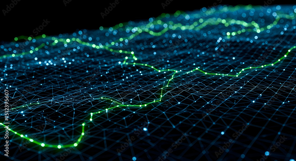 Obraz premium Abstract Digital Landscape Glowing Lines and Nodes in Dark Space