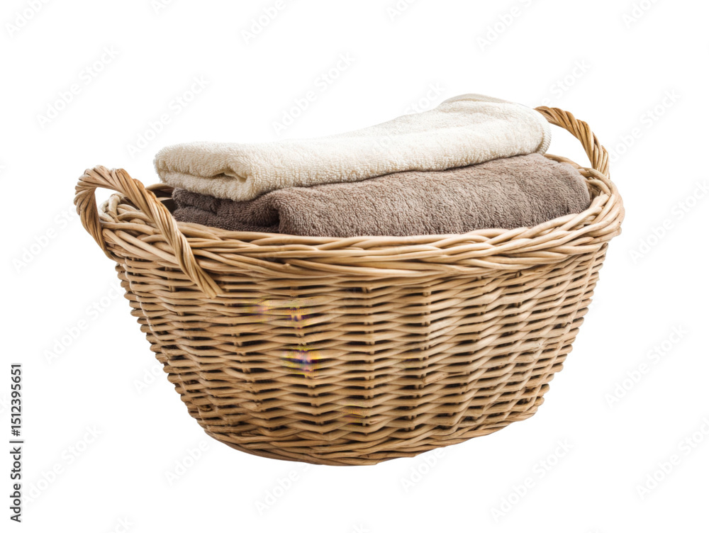 Obraz premium Cozy Towel Arrangement: A serene composition featuring folded towels nestled within a rustic wicker basket, evoking feelings of comfort and relaxation, inviting a sense of warmth.