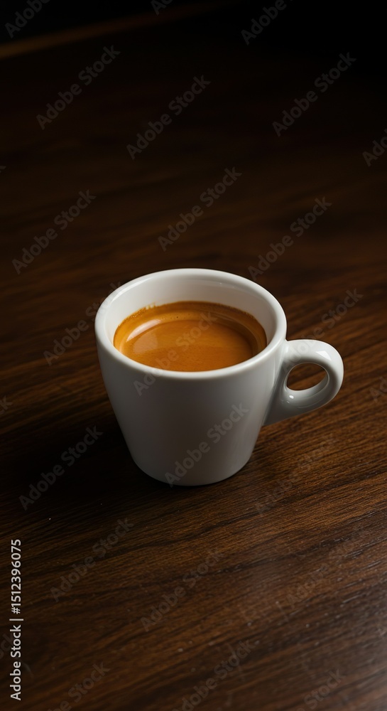 Obraz premium Minimalist Espresso Shot in White Ceramic Cup on Wooden Table with Moody Lighting