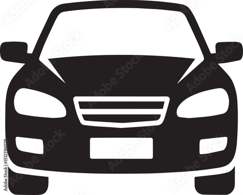 A front view of a black car with bright headlights illustration