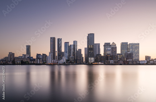 Canary Wharf at sunset, caught just as the buildings were putting on their lights.  Shot from the Greenwich Peninsula.