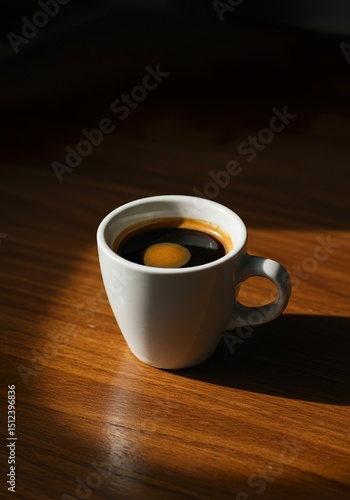 Minimalist Espresso Shot in White Ceramic Cup on Wooden Table with Moody Lighting

