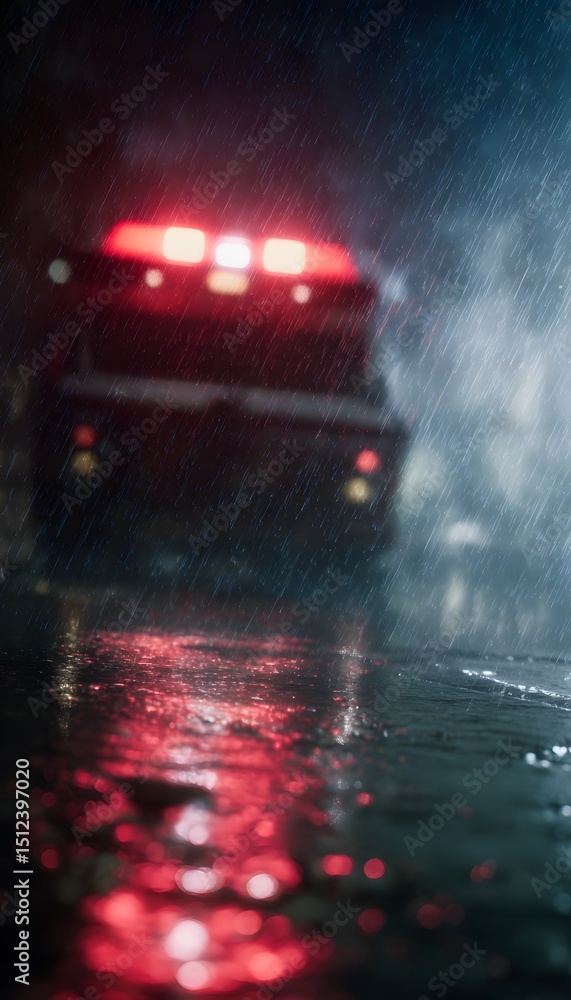 Cinematic close-up of a glowing red ambulance siren at night in heavy rain Cinematic close-up of a glowing red ambulance siren at night in heavy rain
