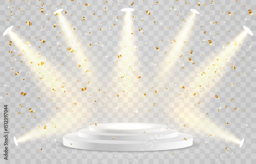 Vector 3d podium with spotlights png. Scene spotlight beams, studio lighting. Empty stage or pedestal. Podium for award ceremony, product presentation. Bright lighting with spotlights.