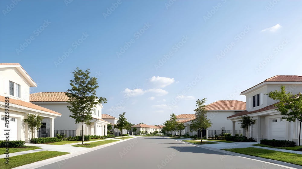 Obraz premium Residential Street View With Beige And White Homes