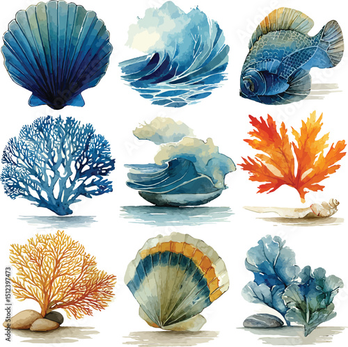 Watercolor Ocean Elements: A collection of vibrant watercolor illustrations capturing the beauty of ocean life, featuring seashells, coral, waves.