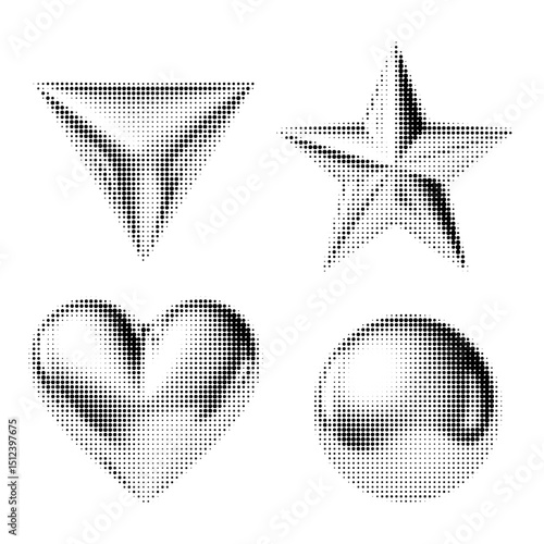Black halftone icon set with heart, star, triangle, and circle. Retro geometric shapes with pixel dot gradient. Perfect for Y2K, minimal, and futuristic graphic design projects.