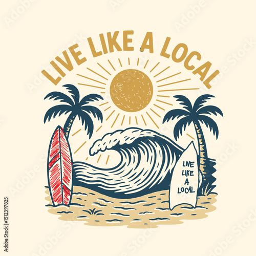 Summer beach Break vector graphic design. Beach party tropical colorful poster . Tropical paradise. beach holiday surf &coffee. Festival vector Illustration placard. eps