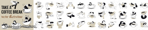 Vector illustrations of people enjoying free time, drinking coffee, daily routine, invitation to hang out, for social media stickers and posts, marketing, restaurants and coffee bars.