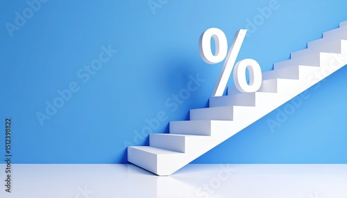 White Percentage Symbol Ascending a Modern White Staircase Against a Blue Wall Growth and Success Concept
