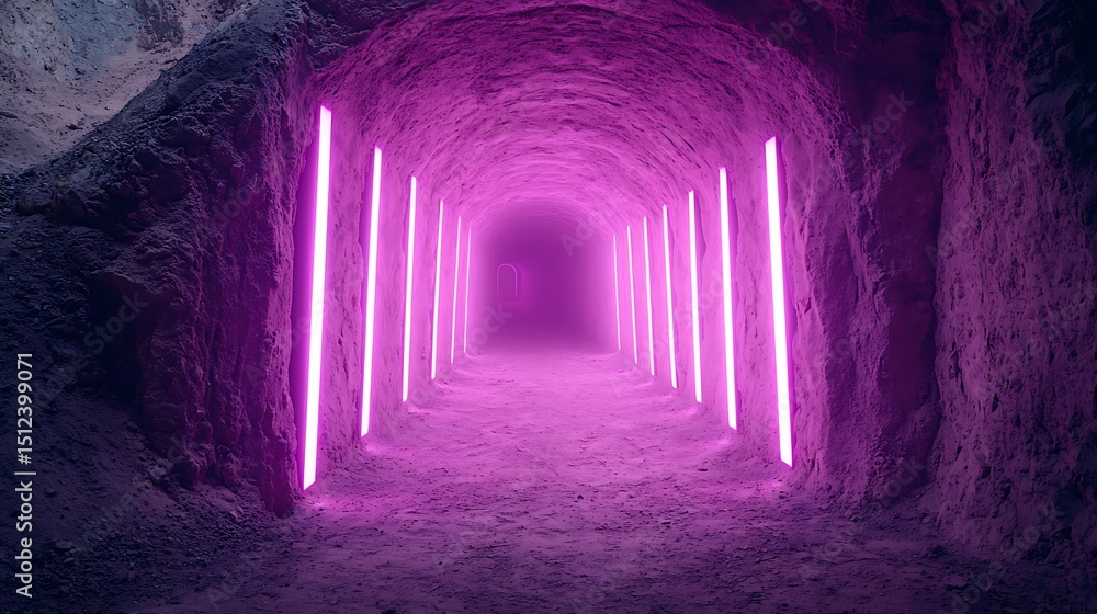 Obraz premium Immersive sci-fi tunnel with perfect geometric symmetry illuminated by glowing light strips forming a vibrant passageway