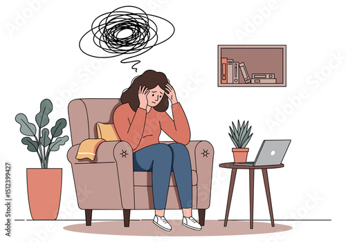 Flat Vector Of Depressed Woman Suffering from Anxiety at Home