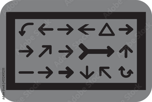 Collection of Black Directional Arrows on a Gray Background Displaying Different Directions and Movements for Design and Informational Purposes in Vector Format