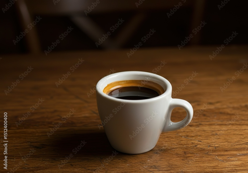 Fototapeta premium Minimalist Espresso Shot in White Ceramic Cup on Wooden Table with Moody Lighting