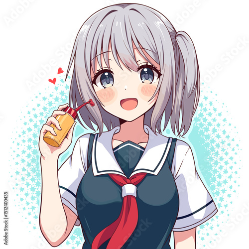 Anime. A young girl in a colorful outfit smiles while holding a juice box.