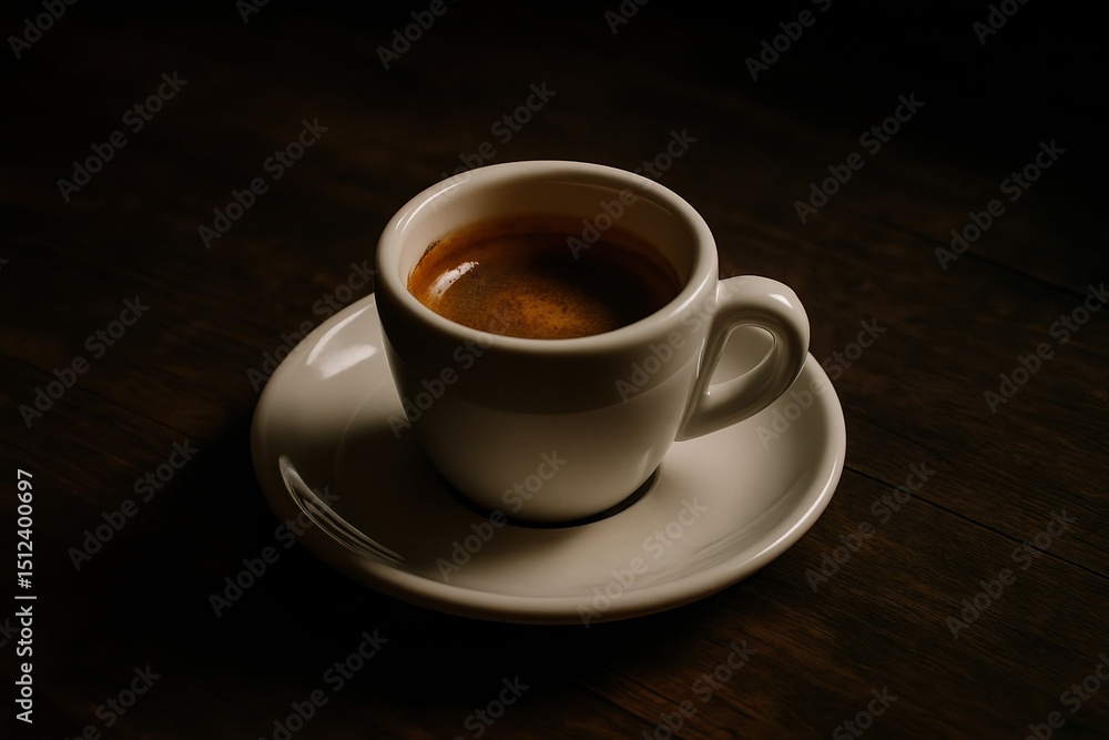 Fototapeta premium Minimalist Espresso Shot in White Ceramic Cup on Wooden Table with Moody Lighting
