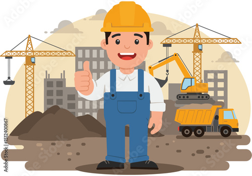 Flat Vector Of Construction Worker Thumbs Up on Building Site Illustration