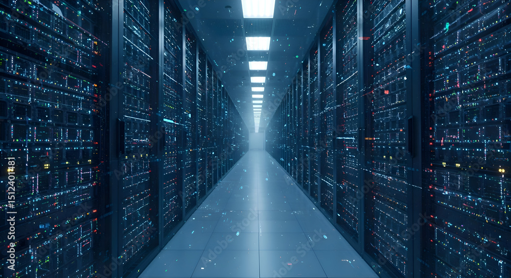 Fototapeta premium Exploring the vast landscape of a modern data center rows of powerful servers illuminate the path to digital innovation