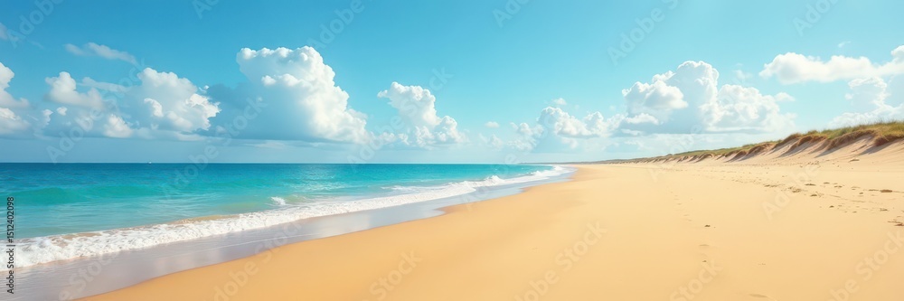 Vast expanse of golden sand, soft ripples stretching to cloudless blue, sky, beauty Vast expanse of golden sand, soft ripples stretching to cloudless blue, sky, beauty