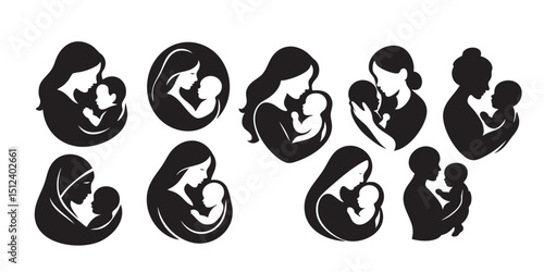 Mother holding baby silhouette set vector illustration