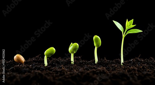 Time lapse of growing plant from seed to sprout, green shoot, soil, black background
