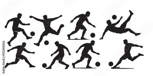 Soccer player kicking ball silhouette set vector illustration