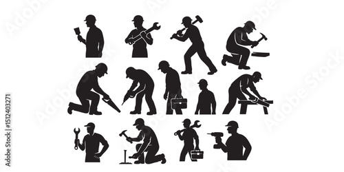 Worker using tools  silhouette set vector illustration