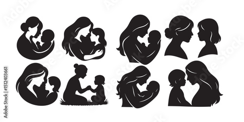 Mother and child bonding silhouette set vector illustration