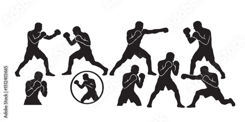 Boxer in fighting stance silhouette set vector illustration
