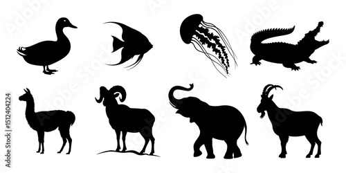 Silhouette collection featuring a duck, fish, jellyfish, crocodile, llama, ram, elephant, and goat