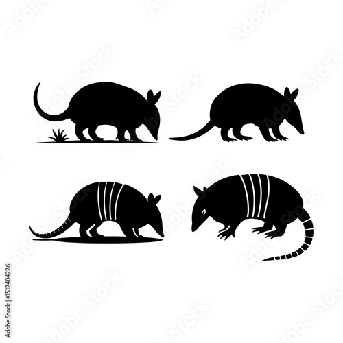 Four armadillo silhouettes in various poses standing and walking in black and white illustration style